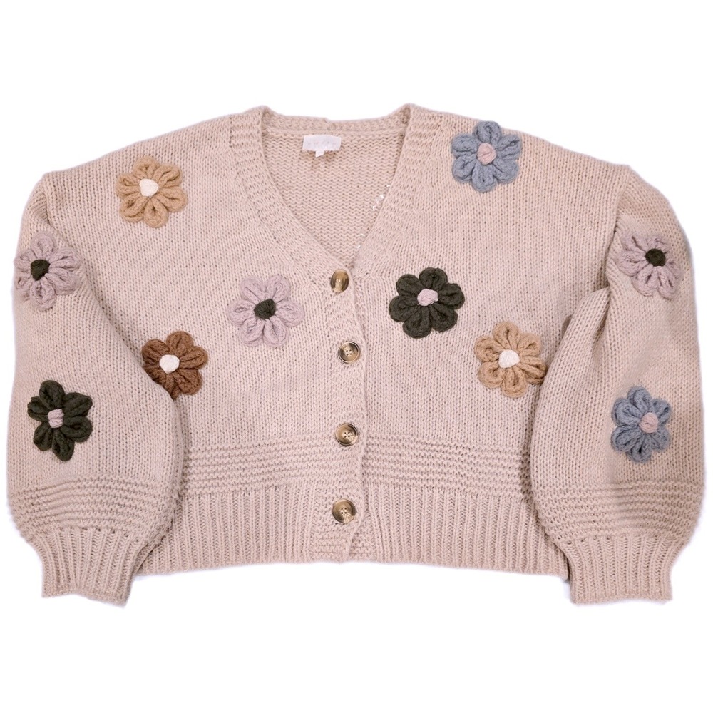 Entro Floral Applique Cardigan Sweater Large L Chunky Knit 3D Flower Crop Beige